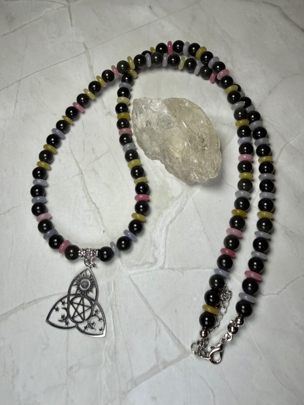 Black Obsidian & Morganite Triquetra Witch Necklace